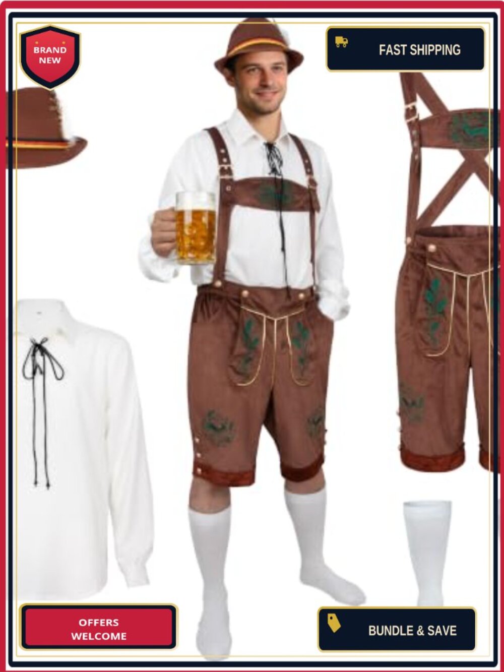 Men's Oktoberfest Costume German Bavarian Lederhosen Set Polyester